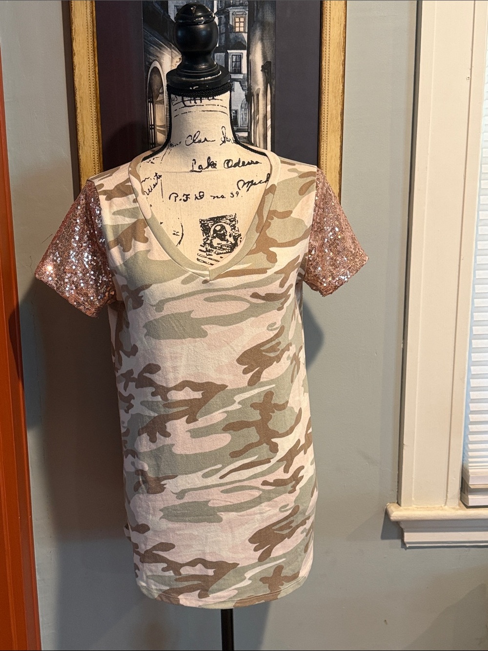 Vanilla Bay Hacci Camo Top with Sequined Sleeves (S)